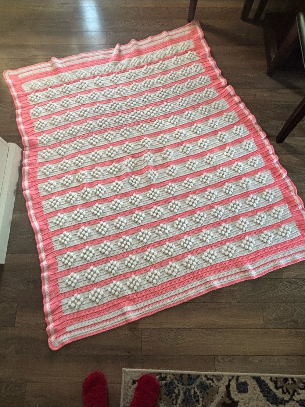 Pink & White Striped Crochet Blanket 63”x69”